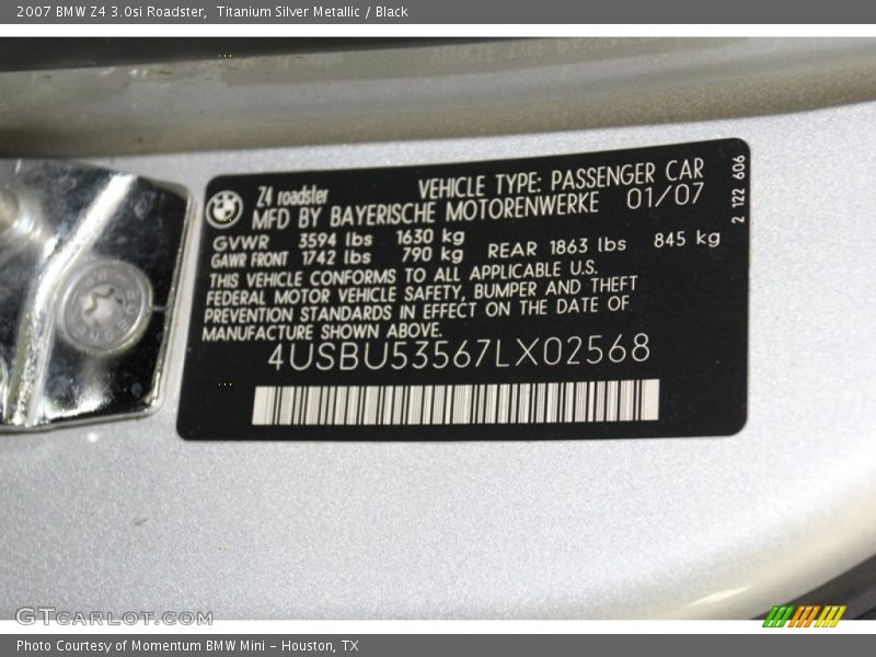 Titanium Silver Metallic / Black 2007 BMW Z4 3.0si Roadster