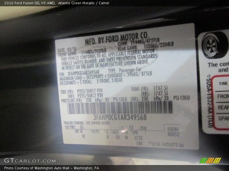 Atlantis Green Metallic / Camel 2010 Ford Fusion SEL V6 AWD