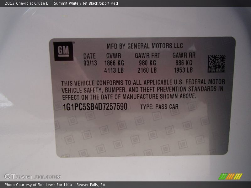 Summit White / Jet Black/Sport Red 2013 Chevrolet Cruze LT