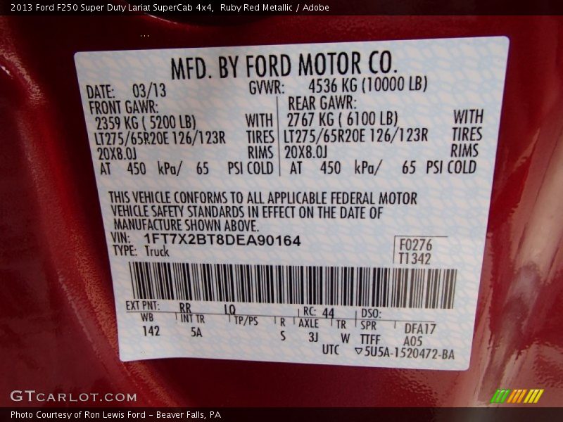 2013 F250 Super Duty Lariat SuperCab 4x4 Ruby Red Metallic Color Code RR