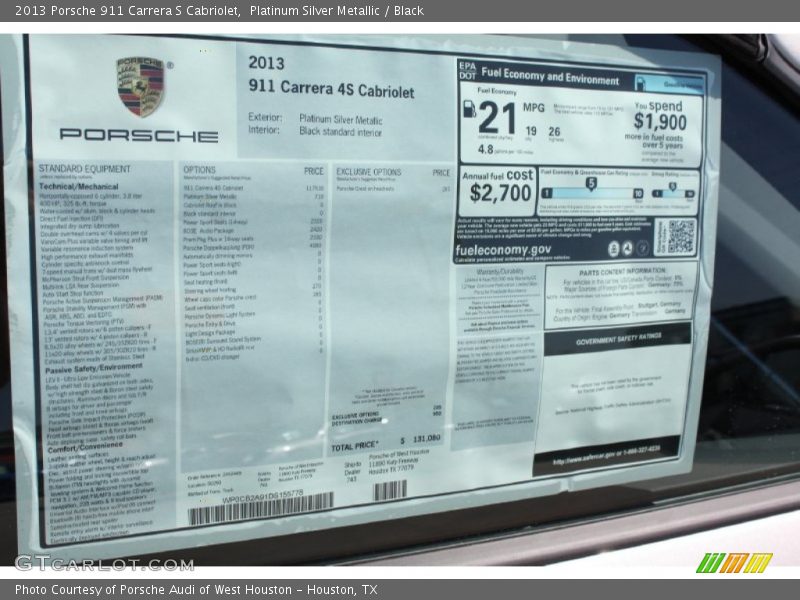  2013 911 Carrera S Cabriolet Window Sticker