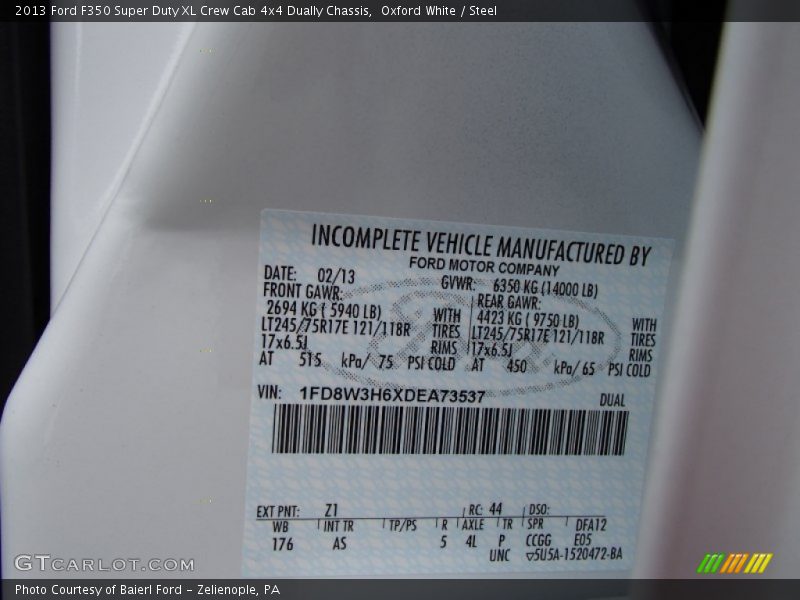 2013 F350 Super Duty XL Crew Cab 4x4 Dually Chassis Oxford White Color Code Z1