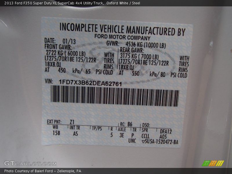 2013 F350 Super Duty XL SuperCab 4x4 Utility Truck Oxford White Color Code Z1