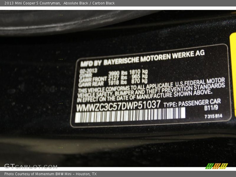 Absolute Black / Carbon Black 2013 Mini Cooper S Countryman
