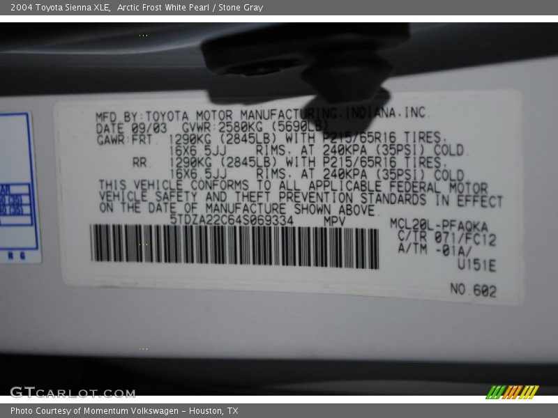 2004 Sienna XLE Arctic Frost White Pearl Color Code 071