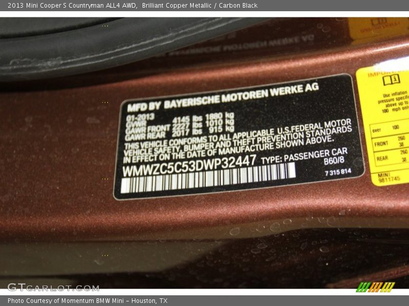 2013 Cooper S Countryman ALL4 AWD Brilliant Copper Metallic Color Code B60