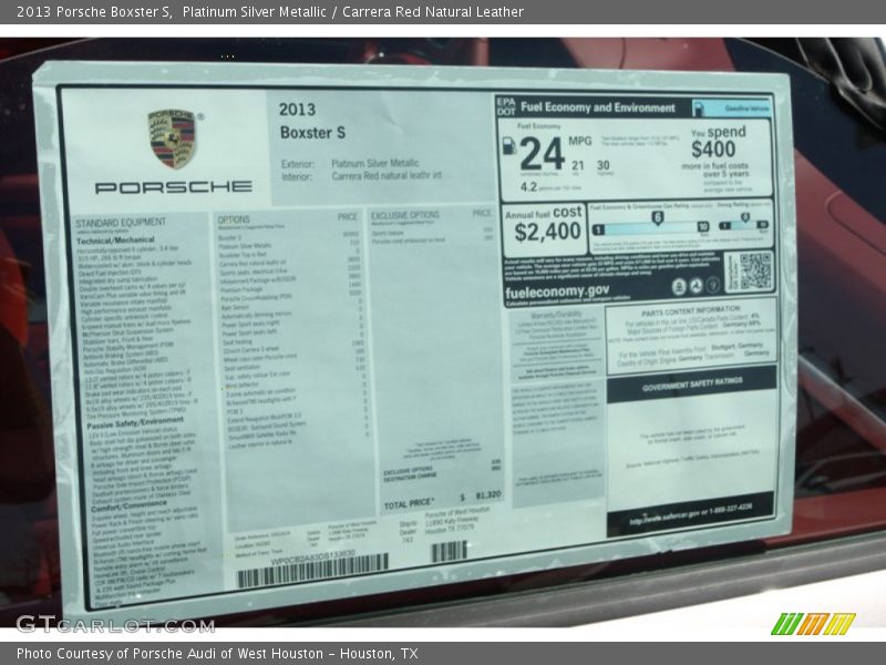  2013 Boxster S Window Sticker