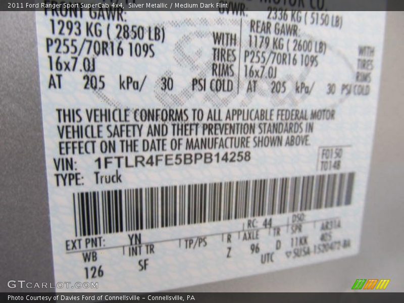 2011 Ranger Sport SuperCab 4x4 Silver Metallic Color Code YN