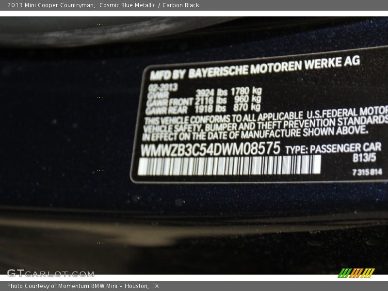 Cosmic Blue Metallic / Carbon Black 2013 Mini Cooper Countryman