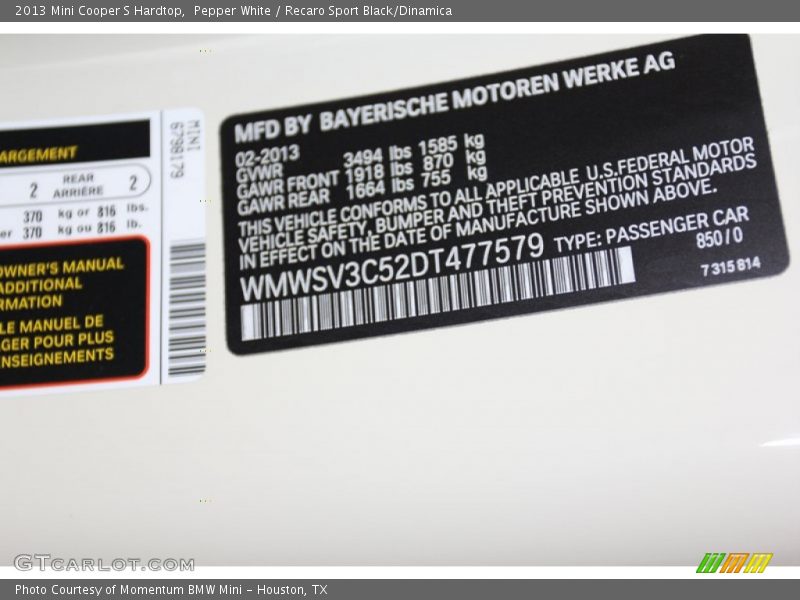 850 - 2013 Mini Cooper S Hardtop
