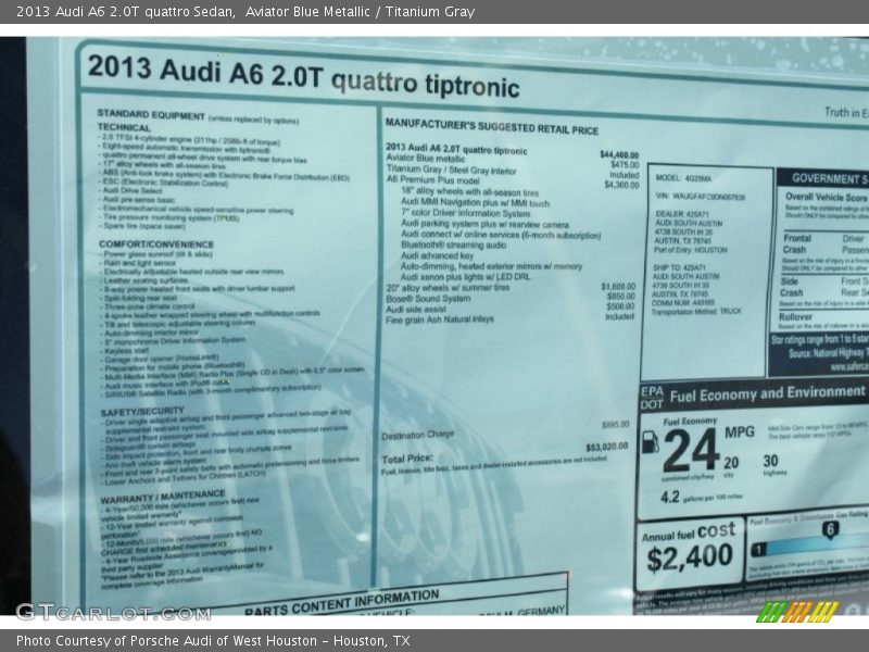  2013 A6 2.0T quattro Sedan Window Sticker