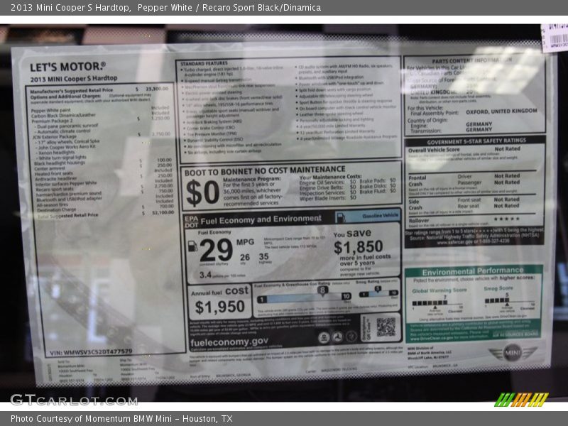  2013 Cooper S Hardtop Window Sticker