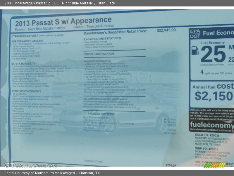 Night Blue Metallic / Titan Black 2013 Volkswagen Passat 2.5L S