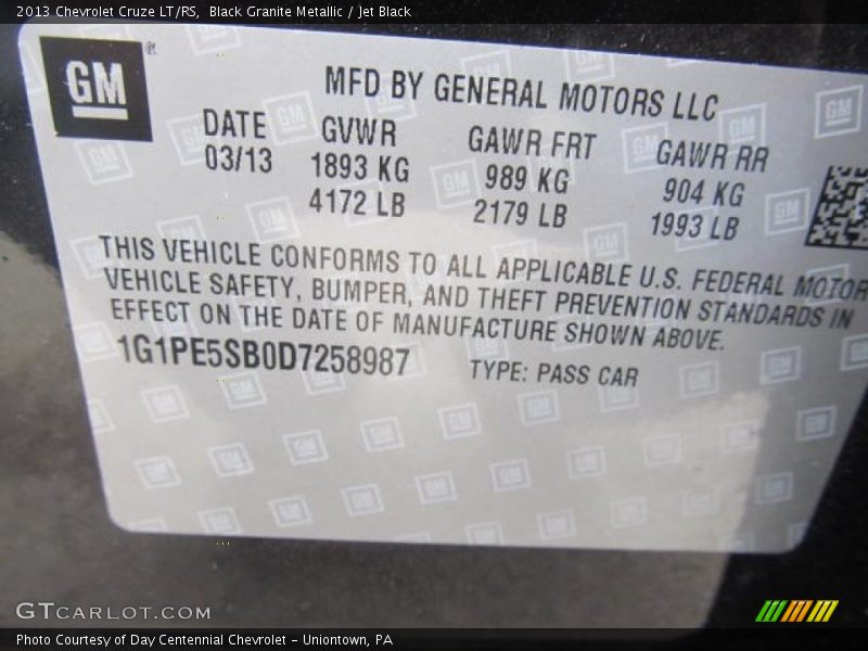 Black Granite Metallic / Jet Black 2013 Chevrolet Cruze LT/RS