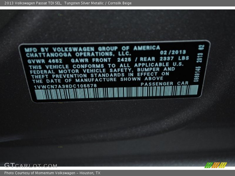 Tungsten Silver Metallic / Cornsilk Beige 2013 Volkswagen Passat TDI SEL