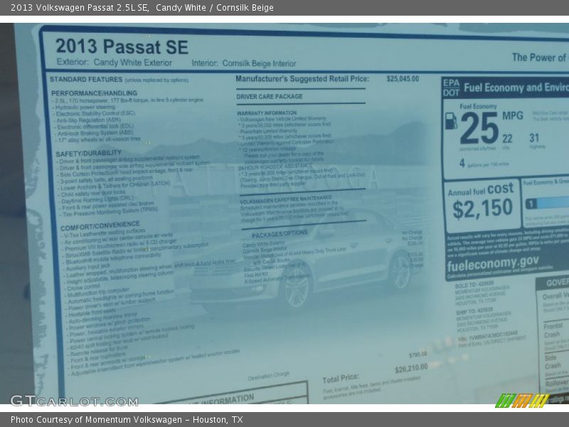 Candy White / Cornsilk Beige 2013 Volkswagen Passat 2.5L SE