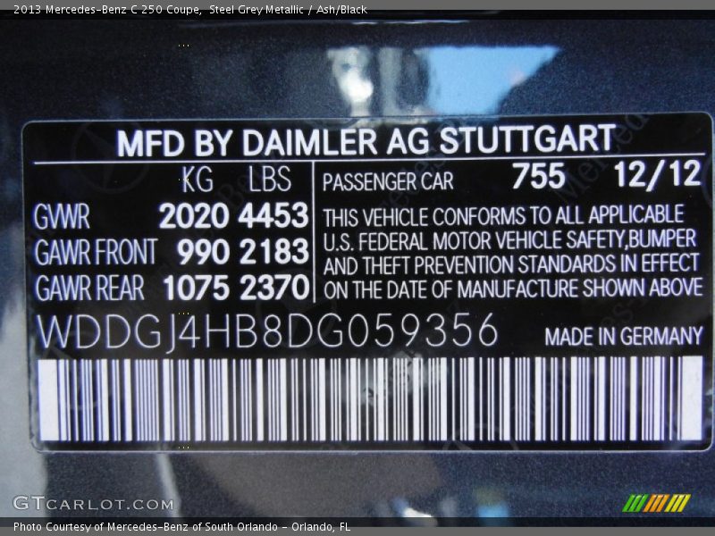 Steel Grey Metallic / Ash/Black 2013 Mercedes-Benz C 250 Coupe