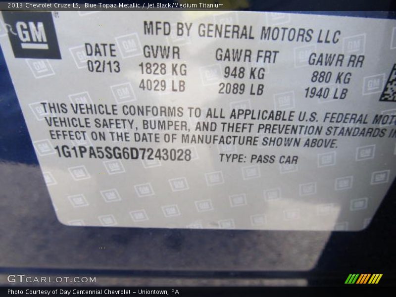 Blue Topaz Metallic / Jet Black/Medium Titanium 2013 Chevrolet Cruze LS