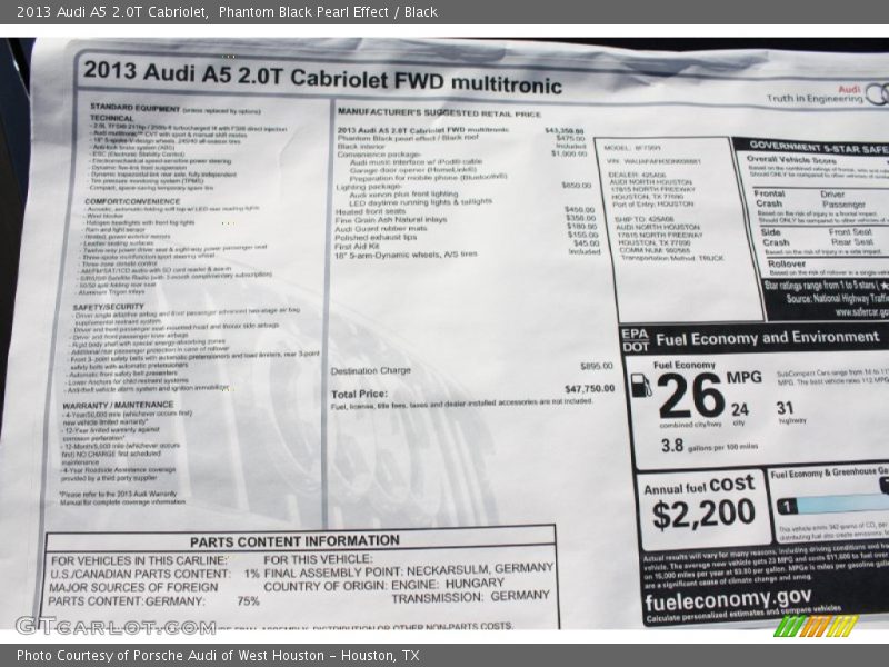  2013 A5 2.0T Cabriolet Window Sticker