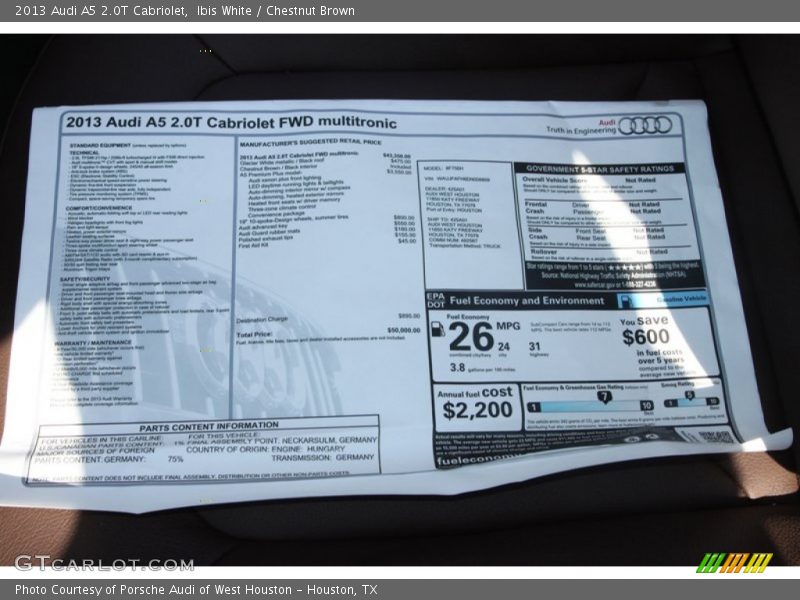  2013 A5 2.0T Cabriolet Window Sticker