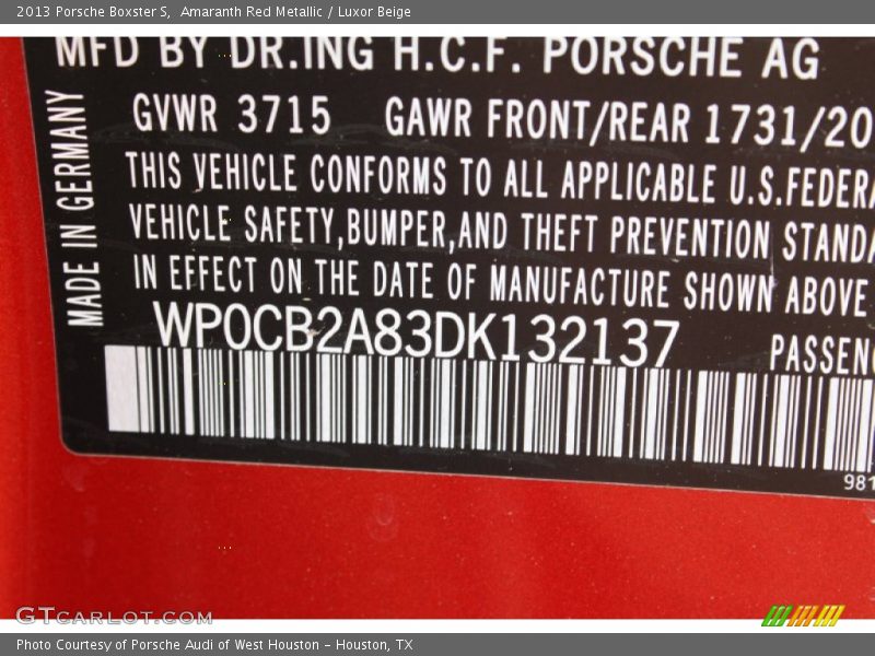 Info Tag of 2013 Boxster S