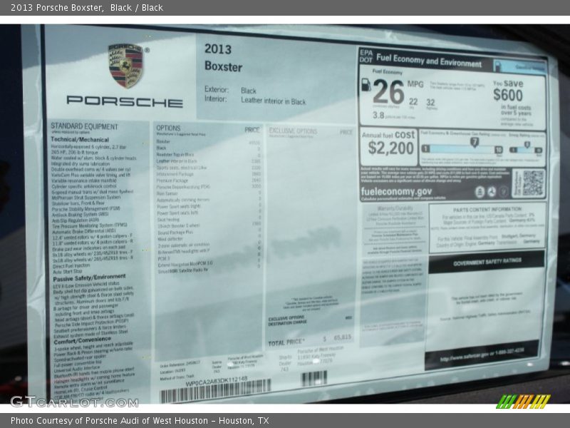  2013 Boxster  Window Sticker