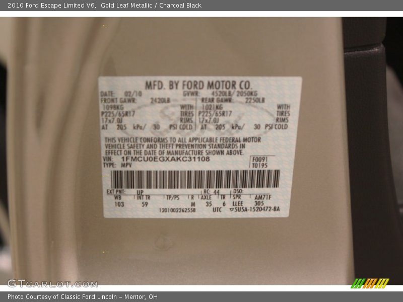 Gold Leaf Metallic / Charcoal Black 2010 Ford Escape Limited V6