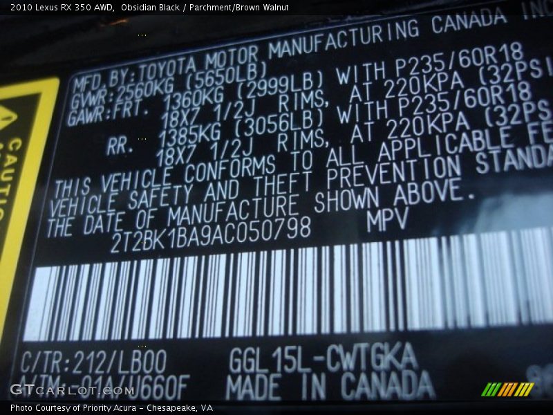 Obsidian Black / Parchment/Brown Walnut 2010 Lexus RX 350 AWD