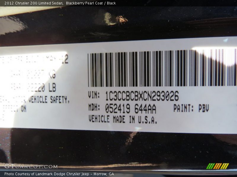 2012 200 Limited Sedan Blackberry Pearl Coat Color Code PBV