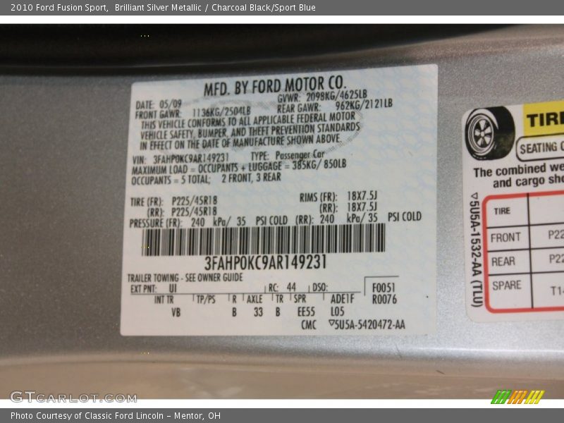 2010 Fusion Sport Brilliant Silver Metallic Color Code UI