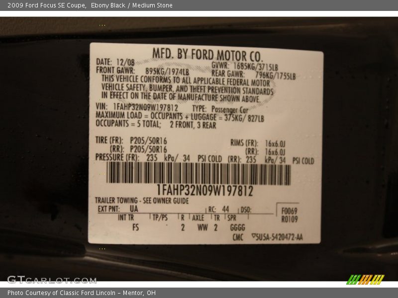 Ebony Black / Medium Stone 2009 Ford Focus SE Coupe