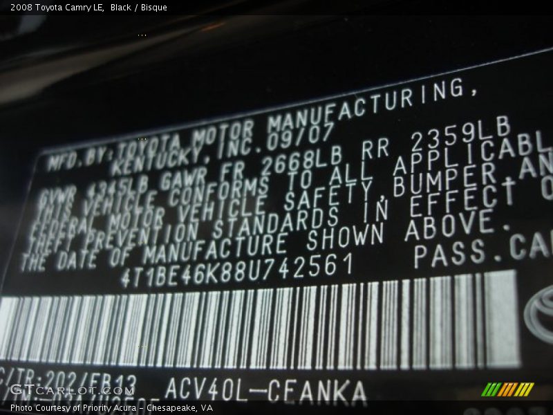 Black / Bisque 2008 Toyota Camry LE