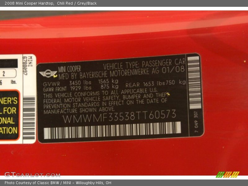 Chili Red / Grey/Black 2008 Mini Cooper Hardtop