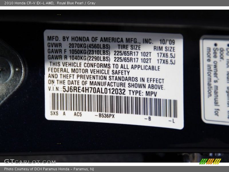Royal Blue Pearl / Gray 2010 Honda CR-V EX-L AWD