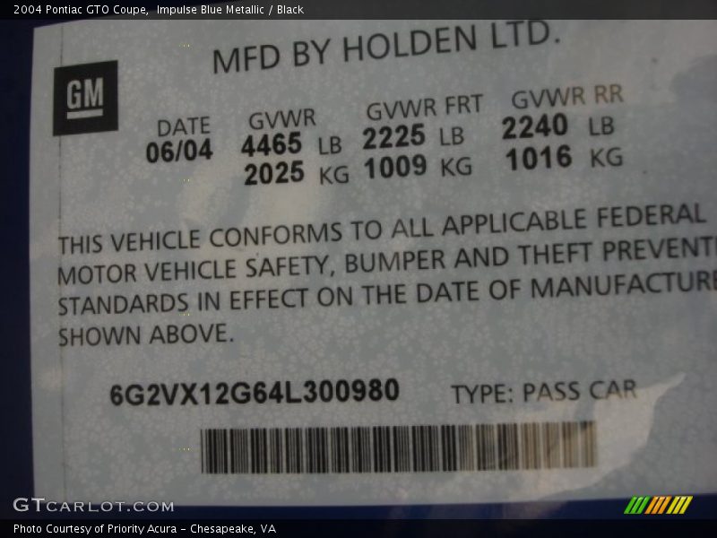 Impulse Blue Metallic / Black 2004 Pontiac GTO Coupe