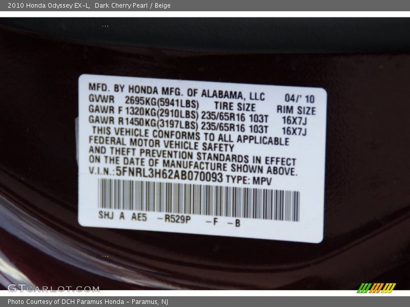 Dark Cherry Pearl / Beige 2010 Honda Odyssey EX-L