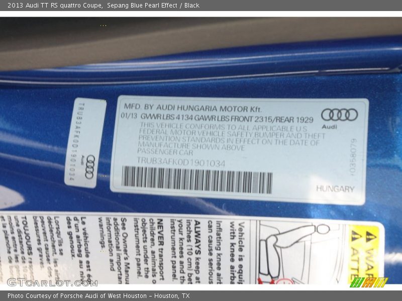 Info Tag of 2013 TT RS quattro Coupe