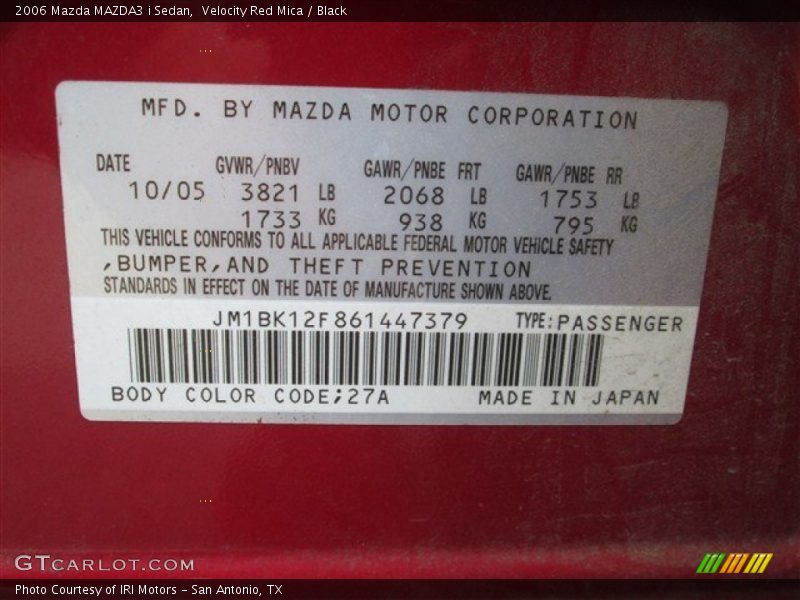 Velocity Red Mica / Black 2006 Mazda MAZDA3 i Sedan