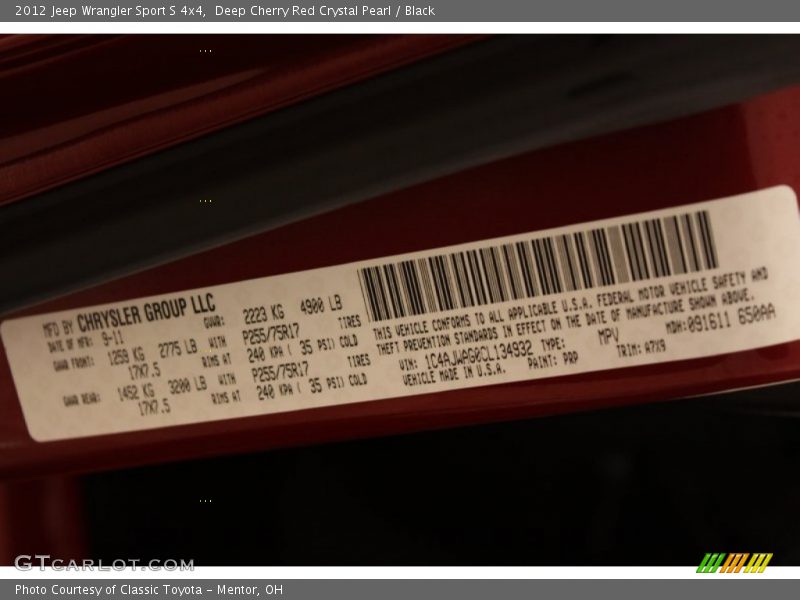 Deep Cherry Red Crystal Pearl / Black 2012 Jeep Wrangler Sport S 4x4