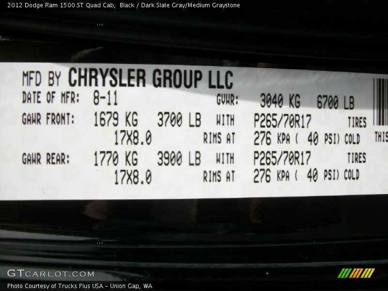 Info Tag of 2012 Ram 1500 ST Quad Cab