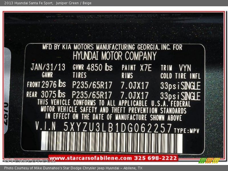 Juniper Green / Beige 2013 Hyundai Santa Fe Sport