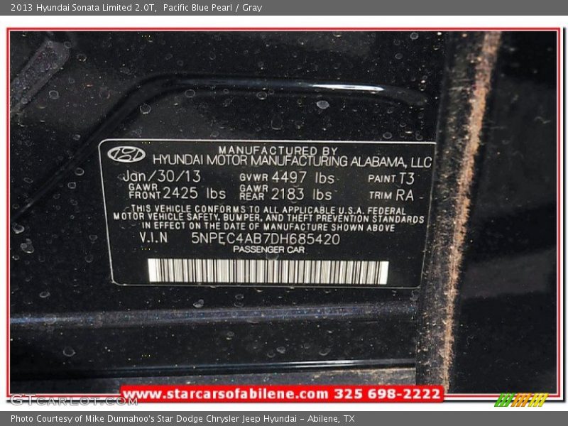 Pacific Blue Pearl / Gray 2013 Hyundai Sonata Limited 2.0T