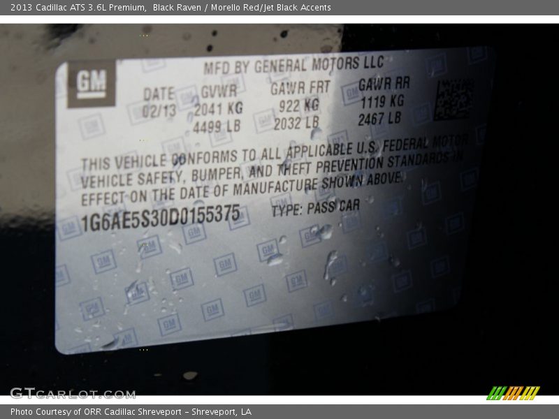 Black Raven / Morello Red/Jet Black Accents 2013 Cadillac ATS 3.6L Premium