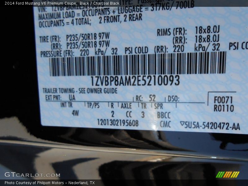 2014 Mustang V6 Premium Coupe Black Color Code UA