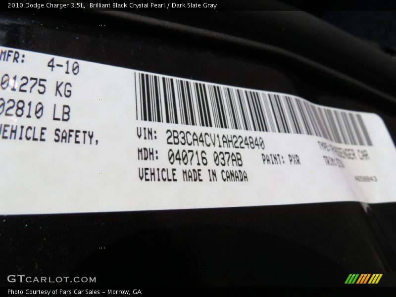 Brilliant Black Crystal Pearl / Dark Slate Gray 2010 Dodge Charger 3.5L