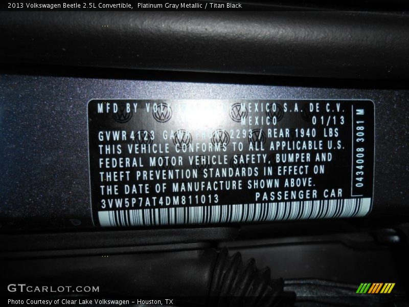 Platinum Gray Metallic / Titan Black 2013 Volkswagen Beetle 2.5L Convertible