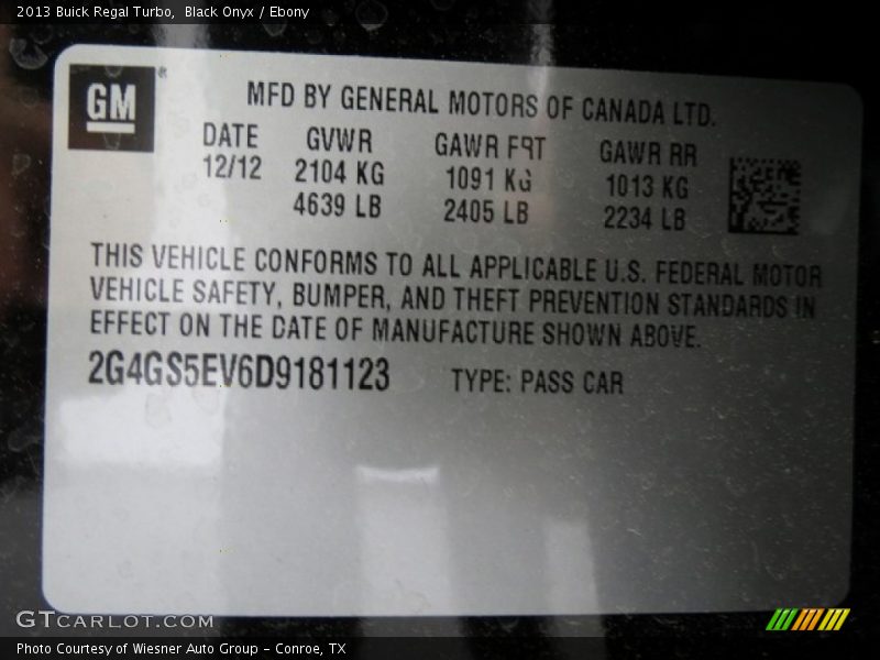 Black Onyx / Ebony 2013 Buick Regal Turbo