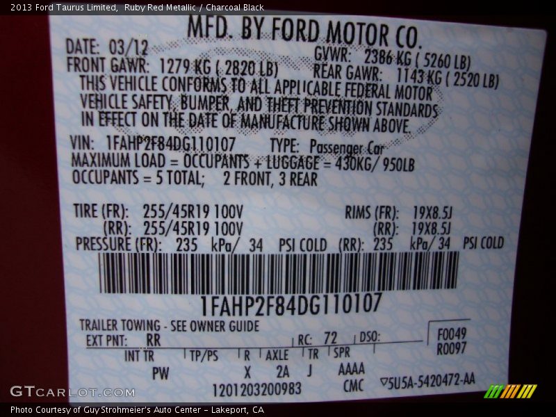 2013 Taurus Limited Ruby Red Metallic Color Code RR