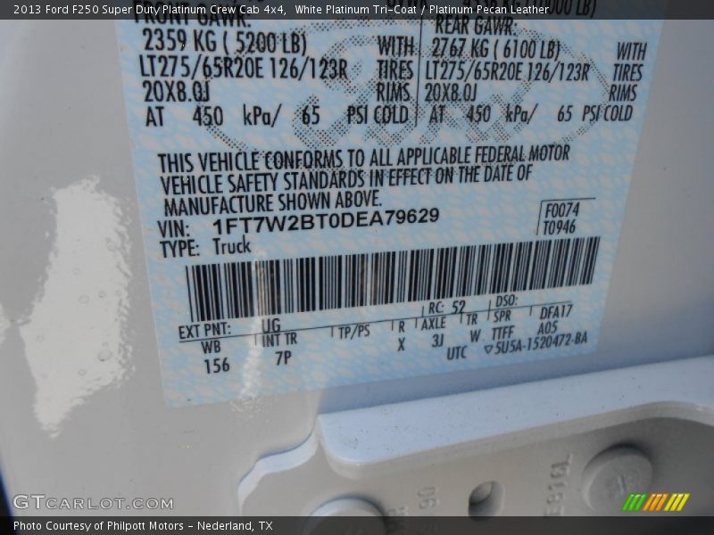 2013 F250 Super Duty Platinum Crew Cab 4x4 White Platinum Tri-Coat Color Code UG