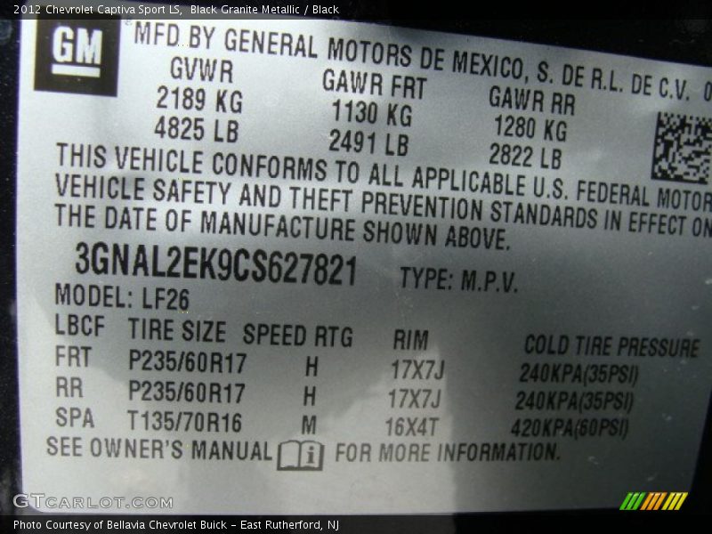 Black Granite Metallic / Black 2012 Chevrolet Captiva Sport LS